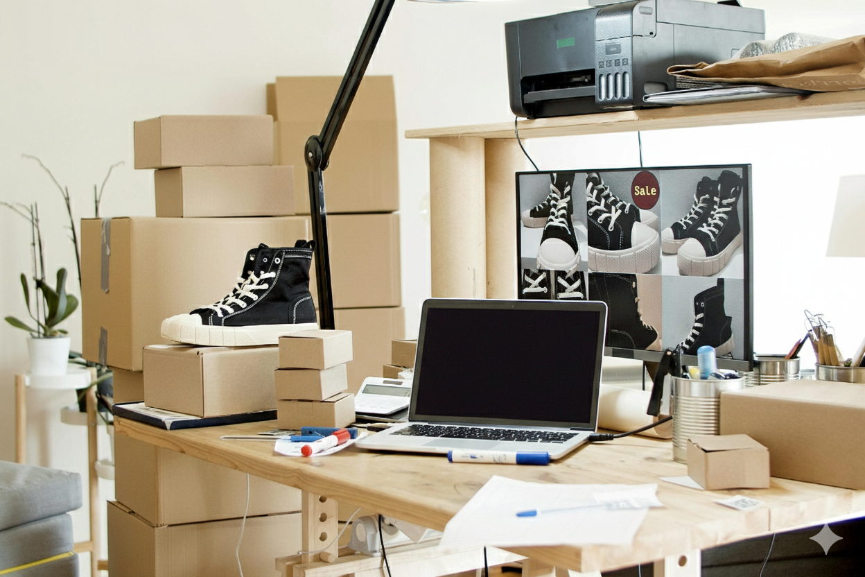 Shoe shop with packaging boxes around room