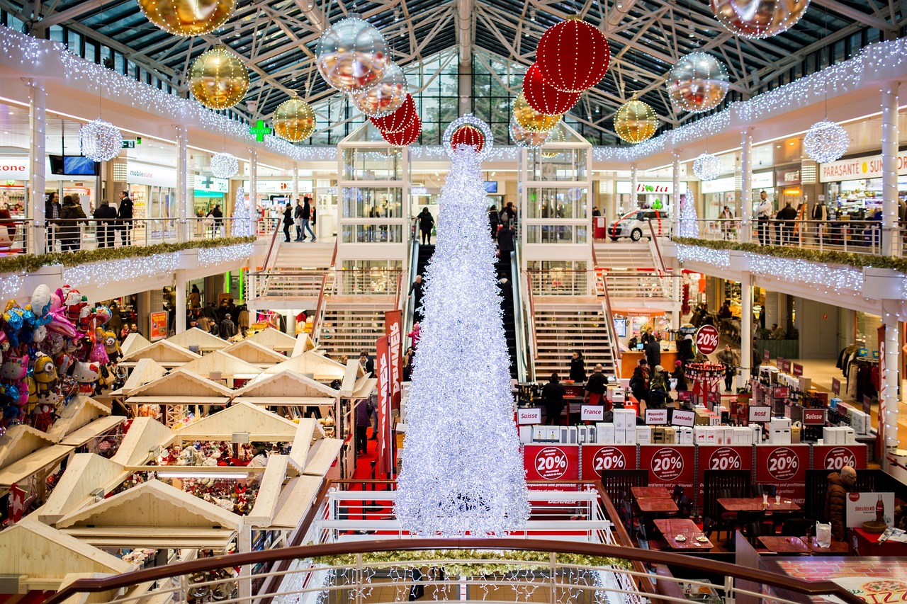 Shopping retail mall decorated for Christmas