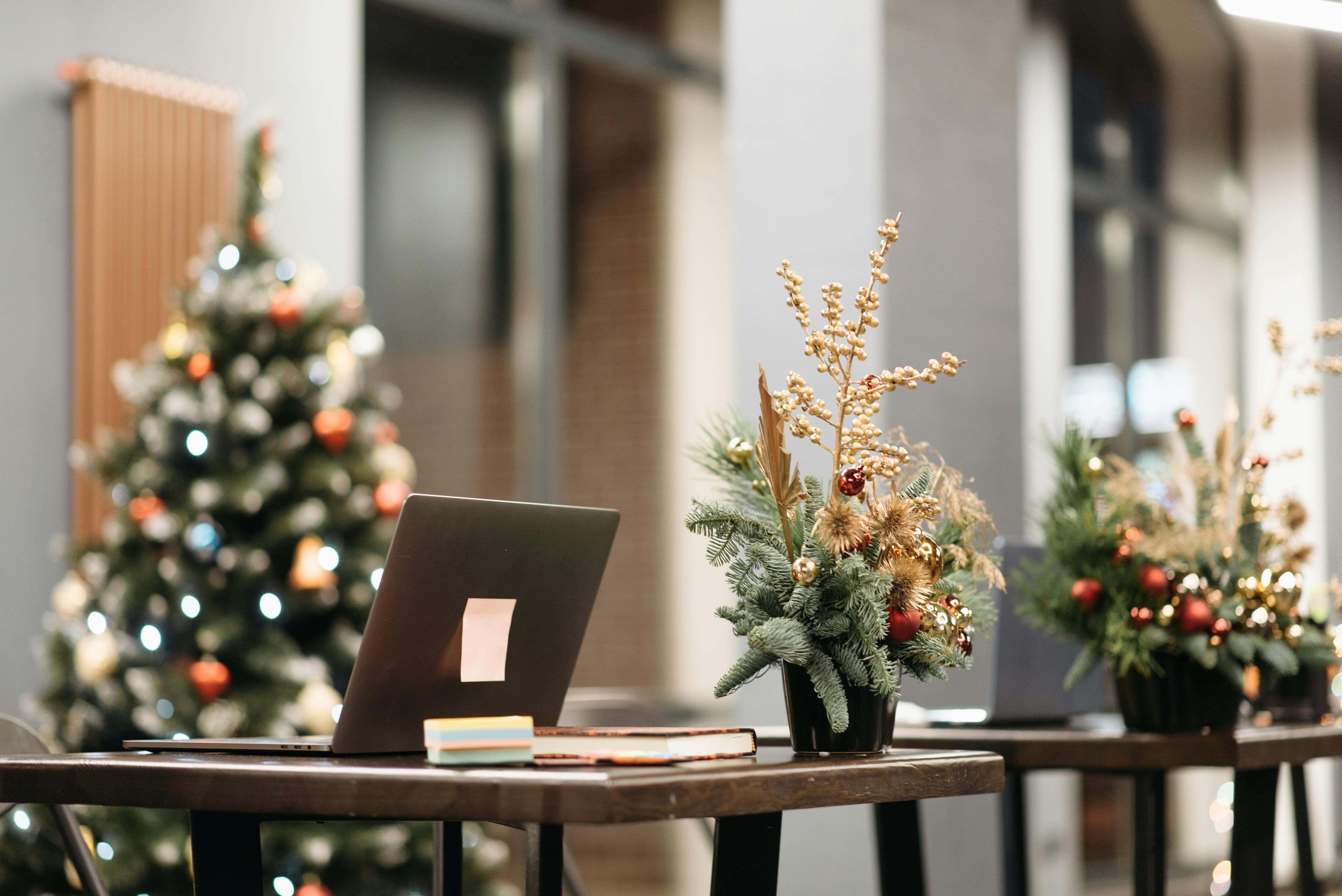 Office Desk with Small Christmas Tree